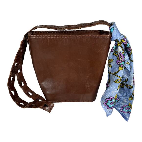 Vintage Brown Leather Shoulder Bag Woven Strap Floral Scarf Boho Classic Casual - Picture 2 of 10